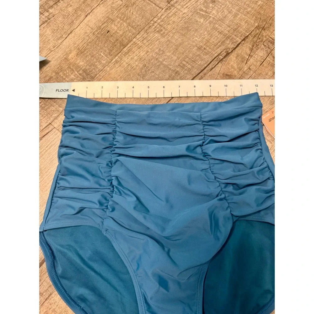 Shapermint Essentials High Waisted Control Bikini Bottom Teal Blue Ruched Medium
